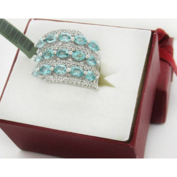 GENUINE 9.75 Cts AQUAMARINE & WHITE SAPPHIRES RING .925 Sterling Silver